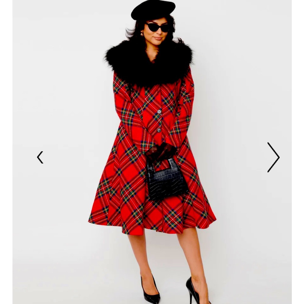 Unique Vintage Red Plaid & Black Fur Carrie Swing Coat
